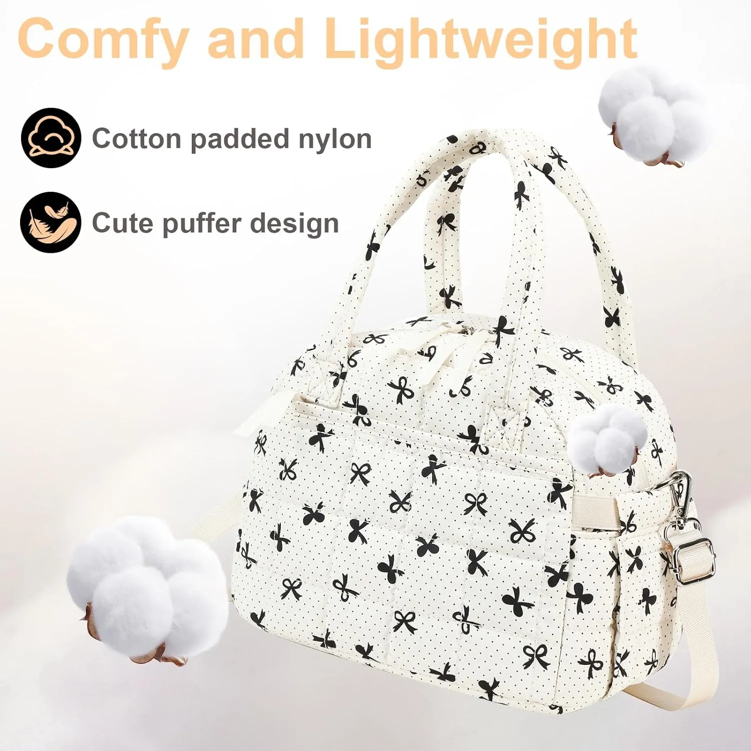 LEDAOU Lunch Box for Women Lunch bag Quilted Puffer Lunch Box with adjustable strap Insulated Reusable LunchBox for Work School Picnic Travel (Black Bow - White)
