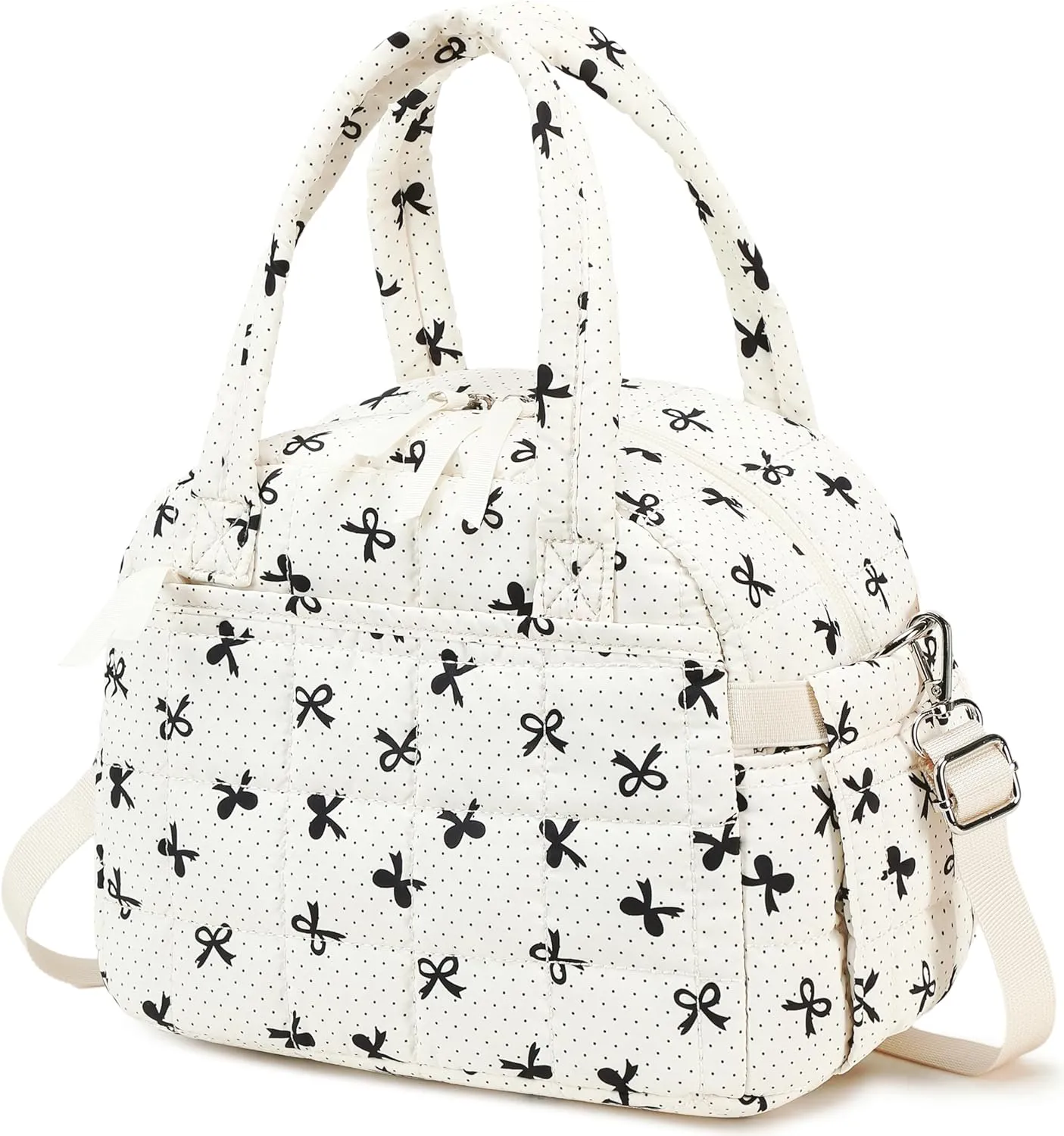 LEDAOU Lunch Box for Women Lunch bag Quilted Puffer Lunch Box with adjustable strap Insulated Reusable LunchBox for Work School Picnic Travel (Black Bow - White)