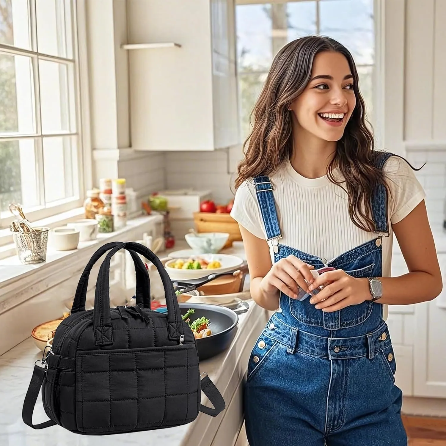 LEDAOU Lunch Box for Women Lunch bag Quilted Puffer Lunch Box with Adjustable Strap Insulated Reusable LunchBox for Work School Picnic Travel