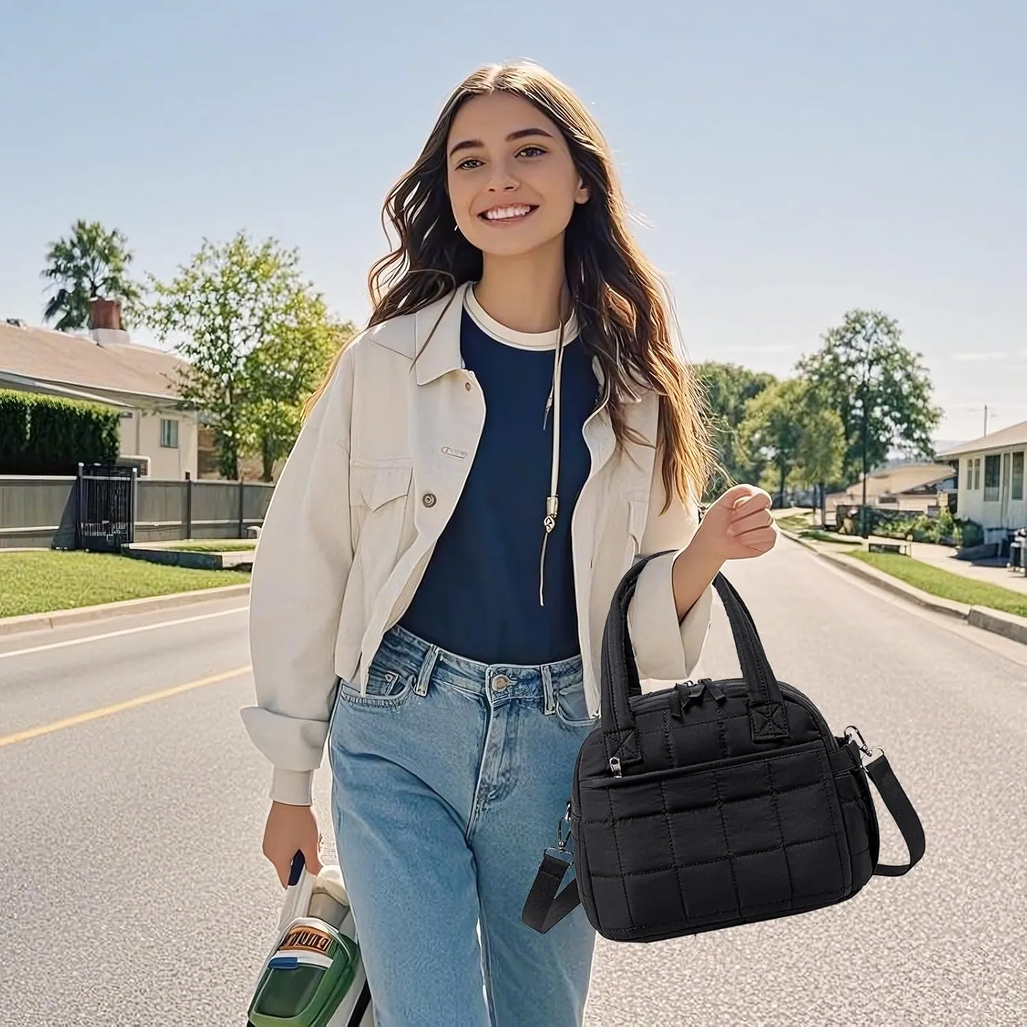 LEDAOU Lunch Box for Women Lunch bag Quilted Puffer Lunch Box with Adjustable Strap Insulated Reusable LunchBox for Work School Picnic Travel