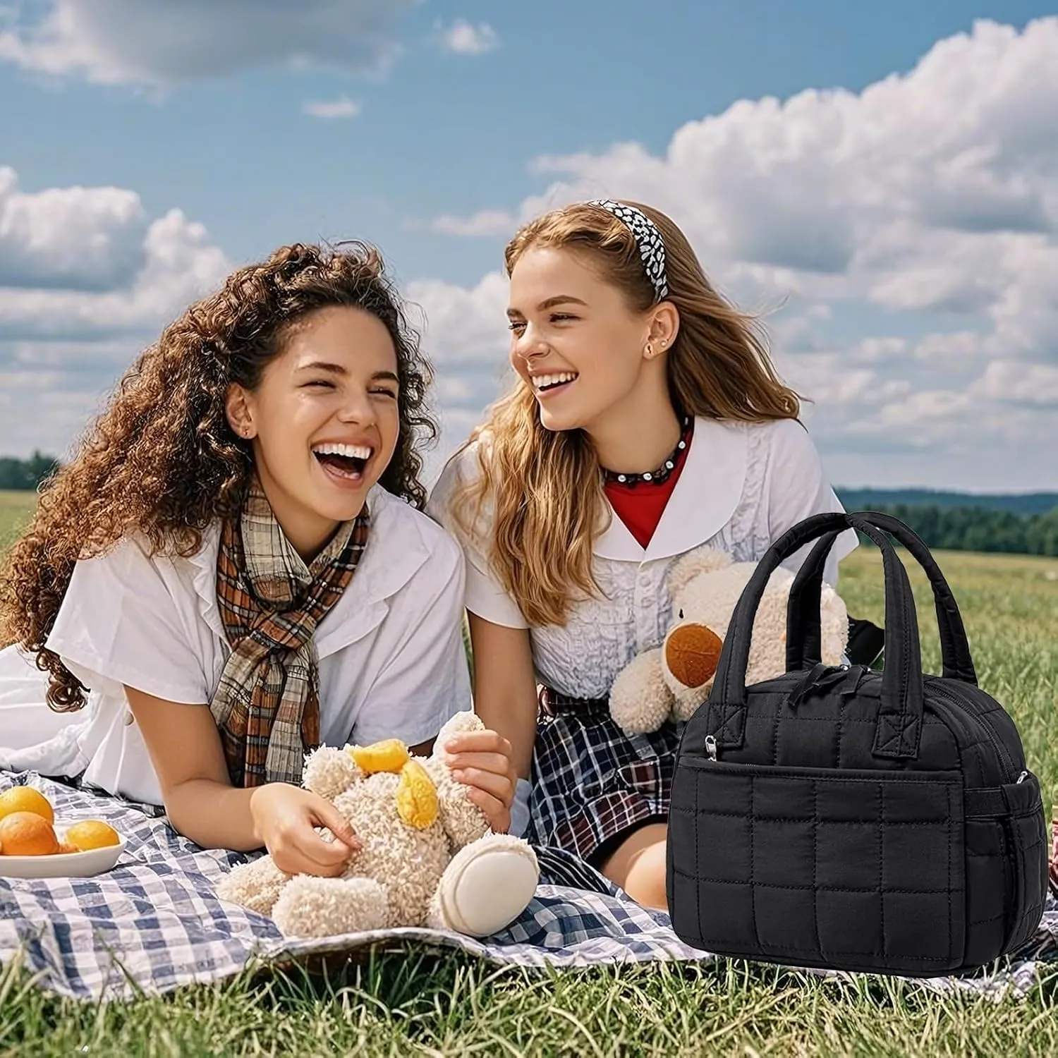 LEDAOU Lunch Box for Women Lunch bag Quilted Puffer Lunch Box with Adjustable Strap Insulated Reusable LunchBox for Work School Picnic Travel