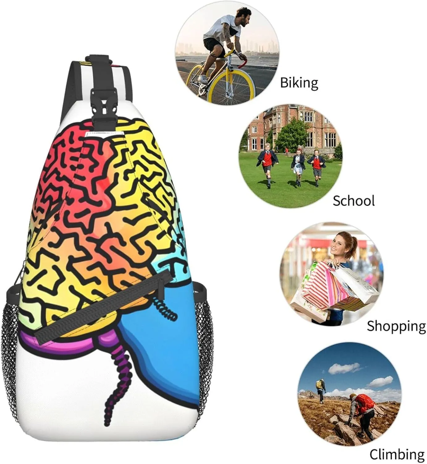 Left and Right Brain Print Sling Backpack, Sling Bag, Crossbody Chest Bag Daypack, for Hiking Travel