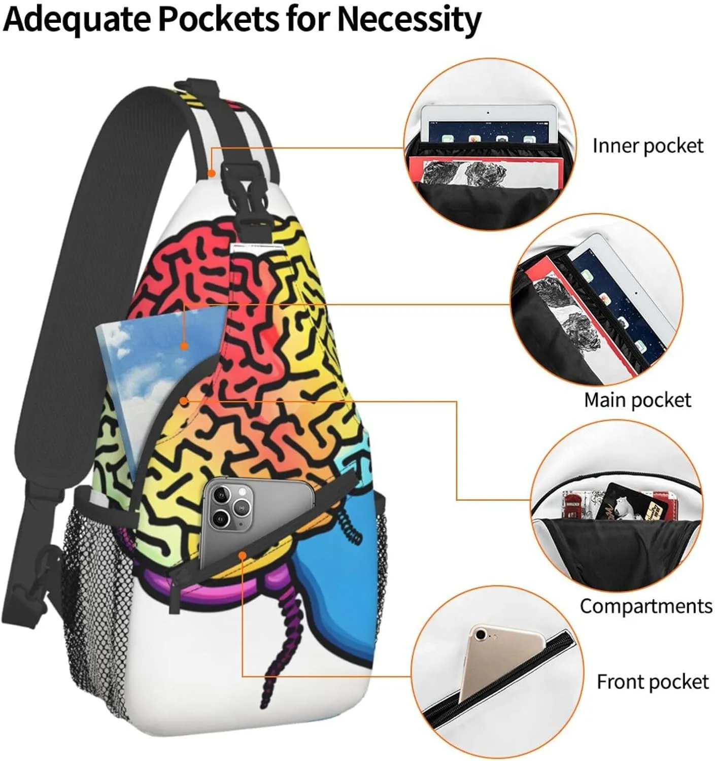 Left and Right Brain Print Sling Backpack, Sling Bag, Crossbody Chest Bag Daypack, for Hiking Travel