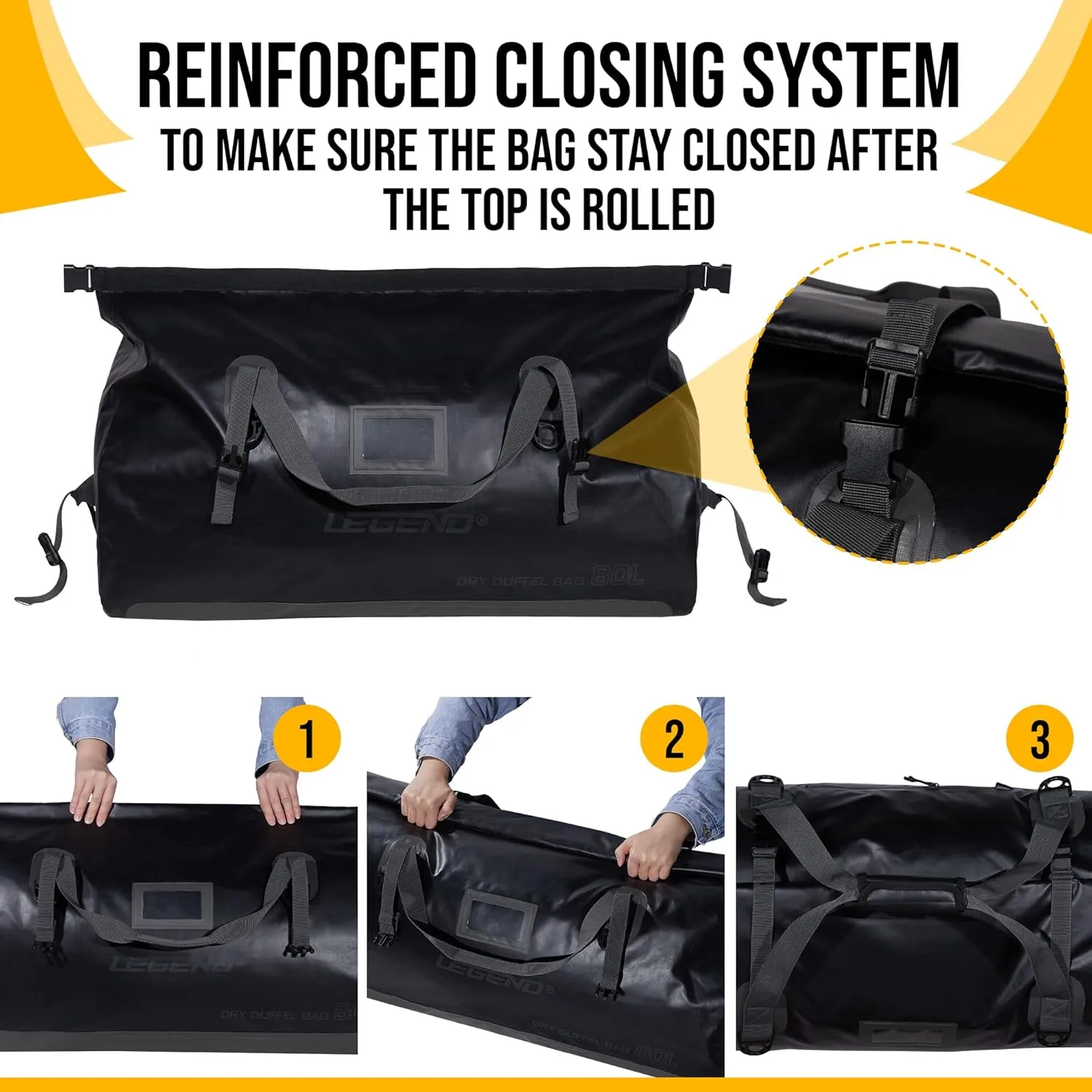 LEGEND Waterproof Duffel Bag - Heavy Duty Duffle Bag for Outdoor, Camping, Boating & Travel, Premium PVC Dry Duffel Bag, Motorcycle Dry Bag with Durable Strap & Handles with Large Storage - 40L Black