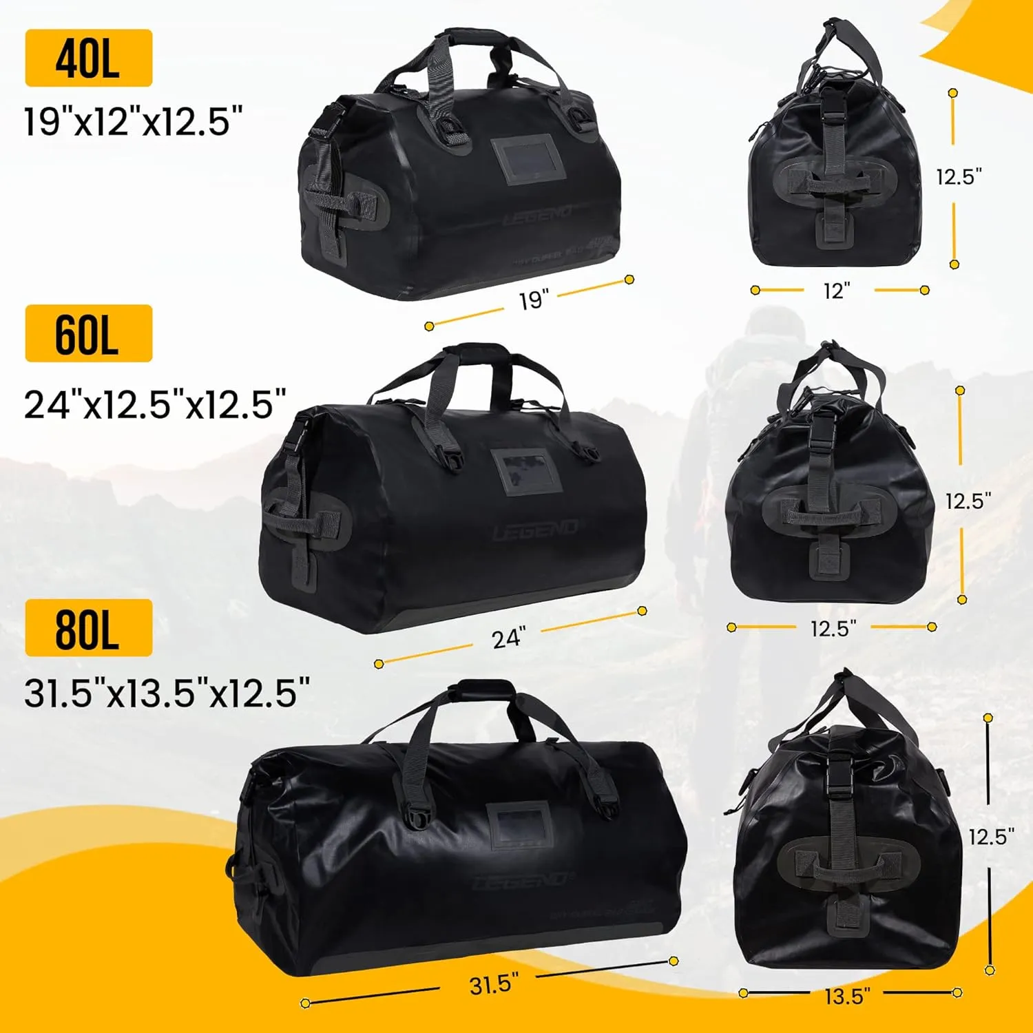 LEGEND Waterproof Duffel Bag - Heavy Duty Duffle Bag for Outdoor, Camping, Boating & Travel, Premium PVC Dry Duffel Bag, Motorcycle Dry Bag with Durable Strap & Handles with Large Storage - 40L Black