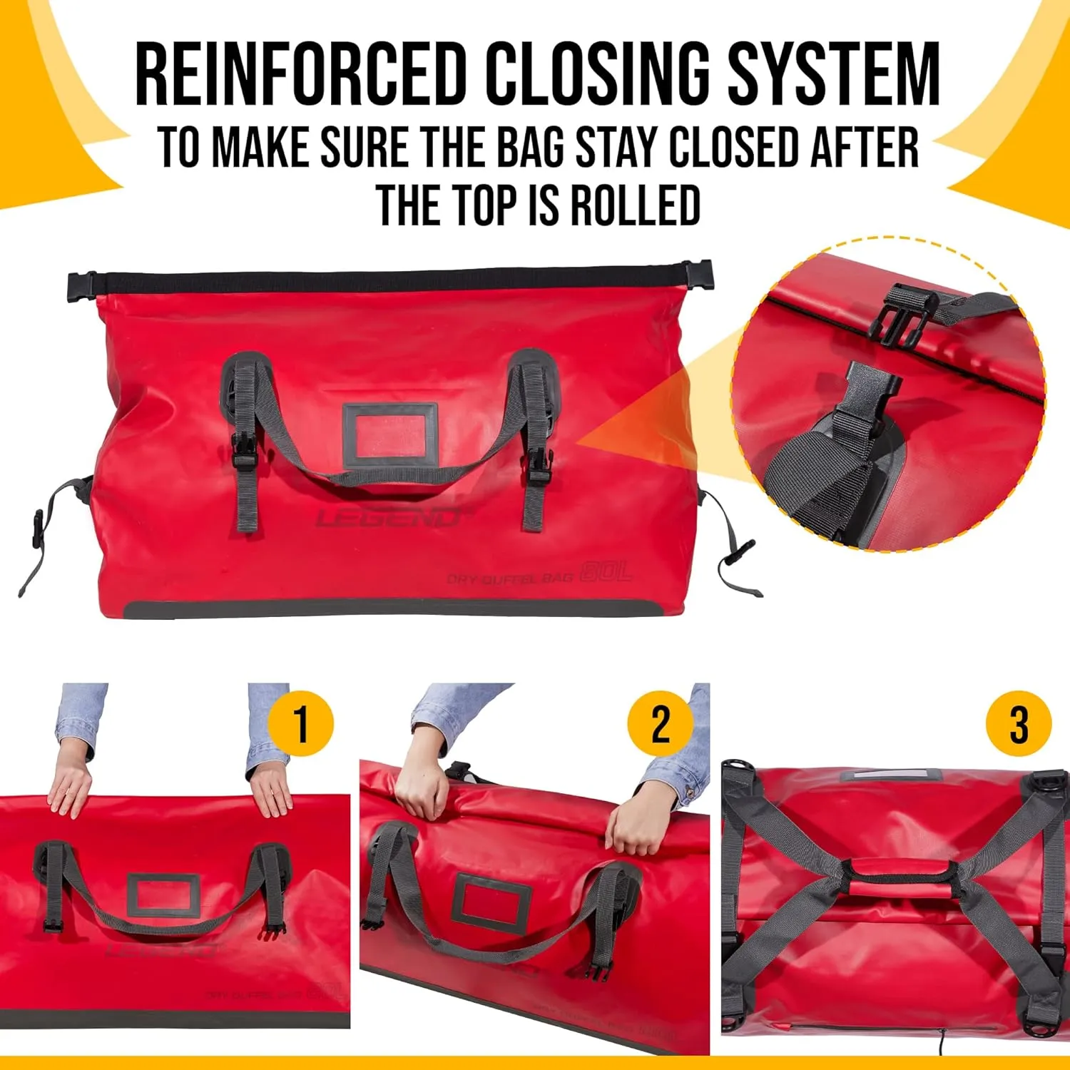 LEGEND Waterproof Duffel Bag - Heavy Duty Duffle Bag for Outdoor, Camping, Boating & Travel, Premium PVC Dry Duffel Bag, Motorcycle Dry Bag with Durable Strap & Handles with Large Storage - 60L Red