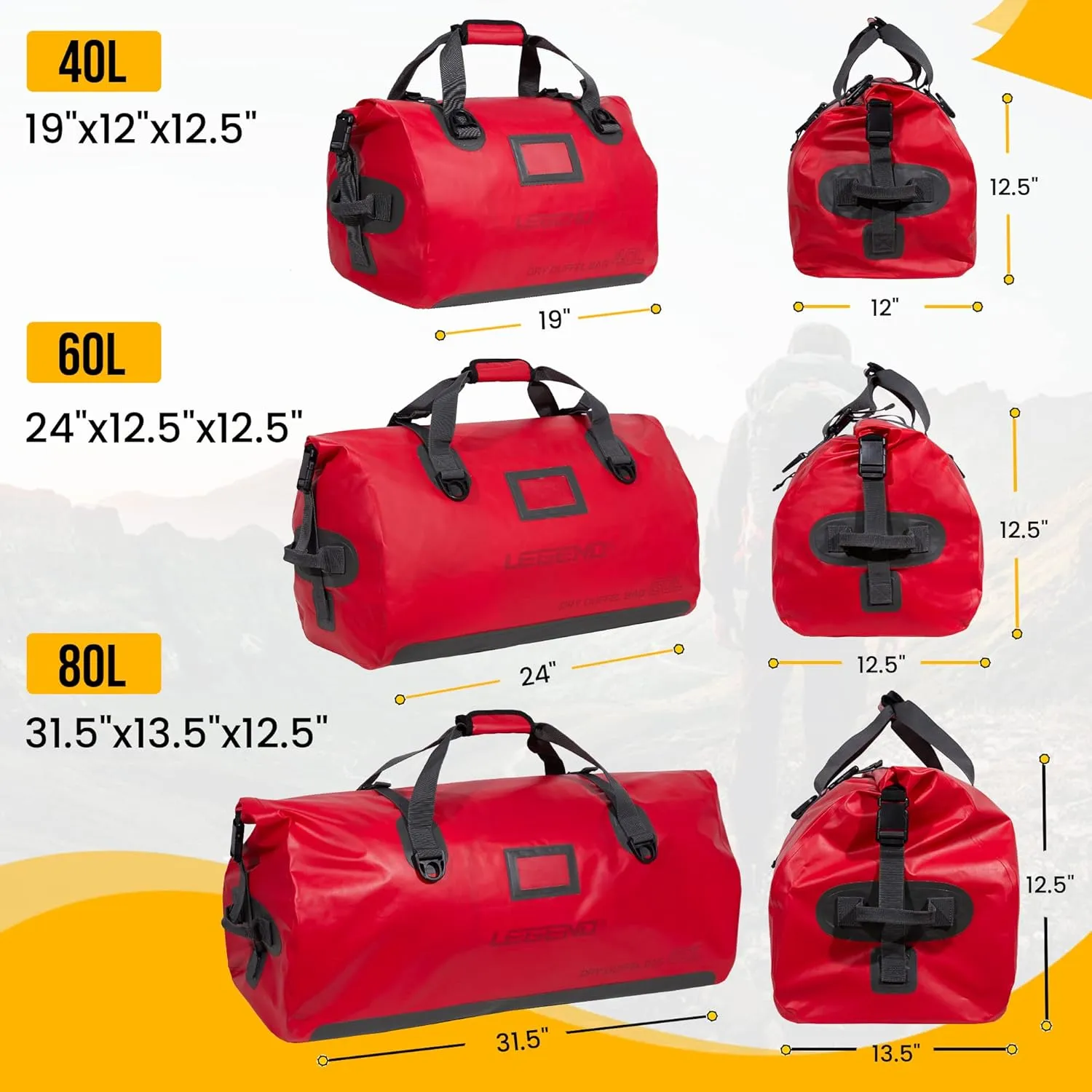 LEGEND Waterproof Duffel Bag - Heavy Duty Duffle Bag for Outdoor, Camping, Boating & Travel, Premium PVC Dry Duffel Bag, Motorcycle Dry Bag with Durable Strap & Handles with Large Storage - 60L Red