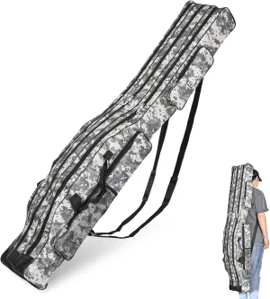 LEOFISHING Portable 3 Layers Fishing Pole Bag Durable Oxford Folding Fishing Rod Reel Carry Case Tackle Storage Bag Case Waterproof Camouflage Travel Fishing Carrier (Grey Camouflage, 120cm/47in)