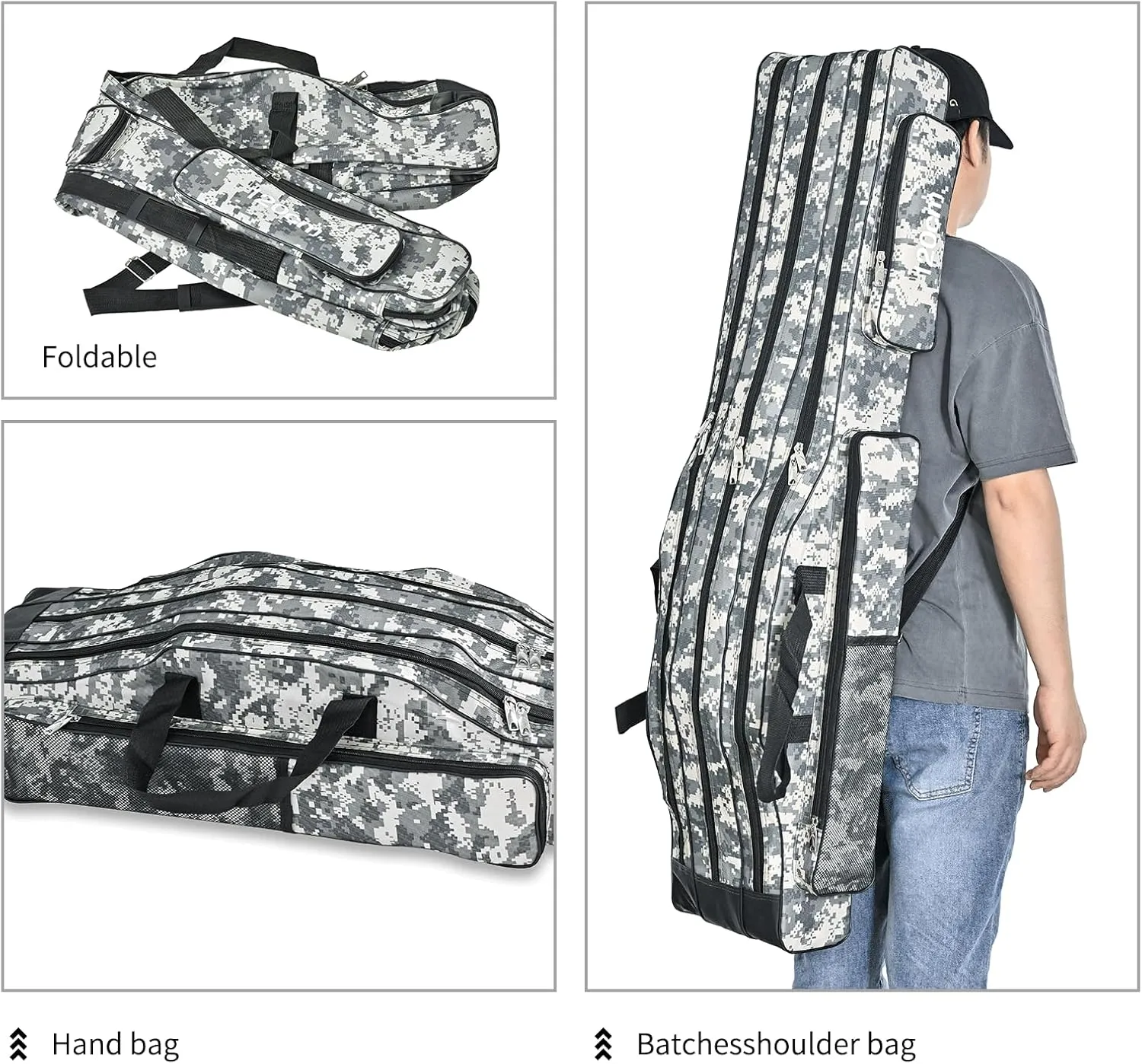 LEOFISHING Portable 3 Layers Fishing Pole Bag Durable Oxford Folding Fishing Rod Reel Carry Case Tackle Storage Bag Case Waterproof Camouflage Travel Fishing Carrier (Grey Camouflage, 120cm/47in)