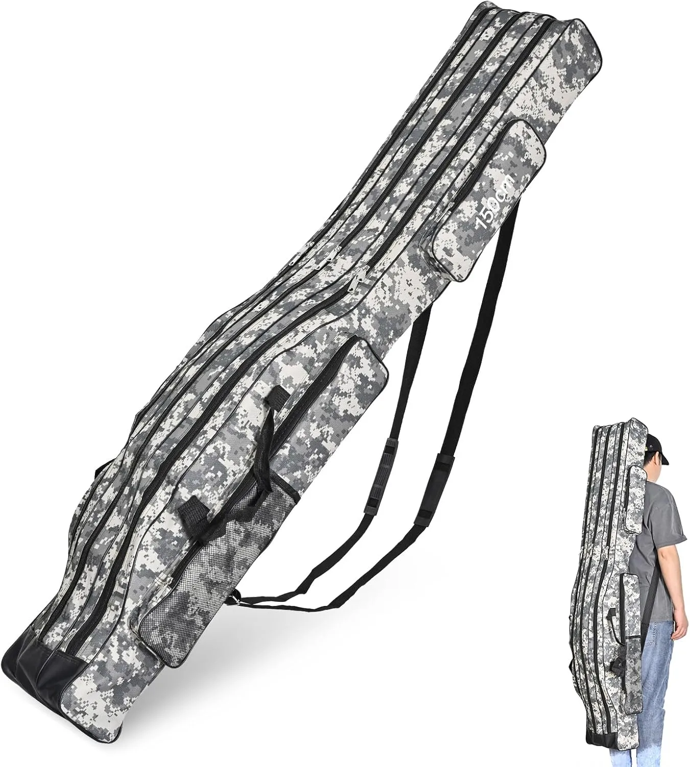 LEOFISHING Portable 3 Layers Fishing Pole Bag Durable Oxford Folding Fishing Rod Reel Carry Case Tackle Storage Bag Case Waterproof Camouflage Travel Fishing Carrier (Grey Camouflage, 120cm/47in)