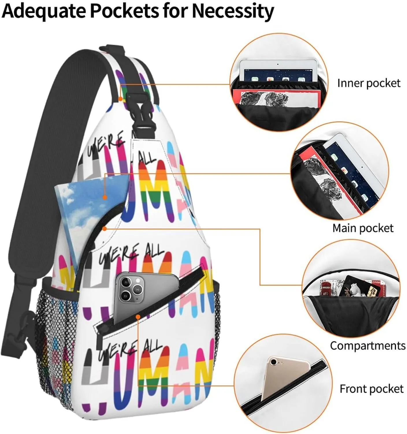 Lgbt Pride Rainbow Gay We Are All Human Chest Sling Bag Crossbody Shoulder Backpack Bag Gym Cycling Daypack Travel Hiking Cross Bag