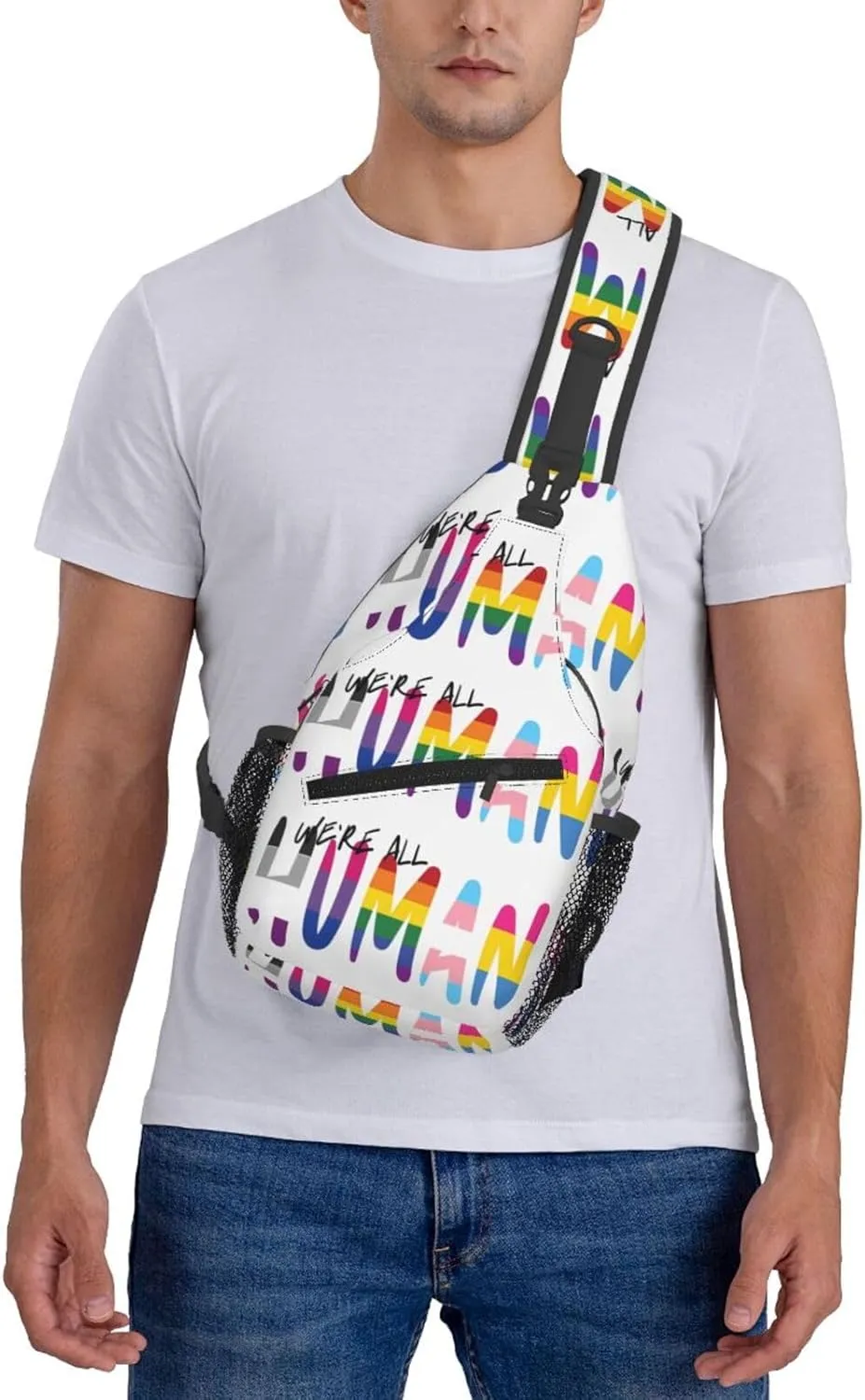 Lgbt Pride Rainbow Gay We Are All Human Chest Sling Bag Crossbody Shoulder Backpack Bag Gym Cycling Daypack Travel Hiking Cross Bag