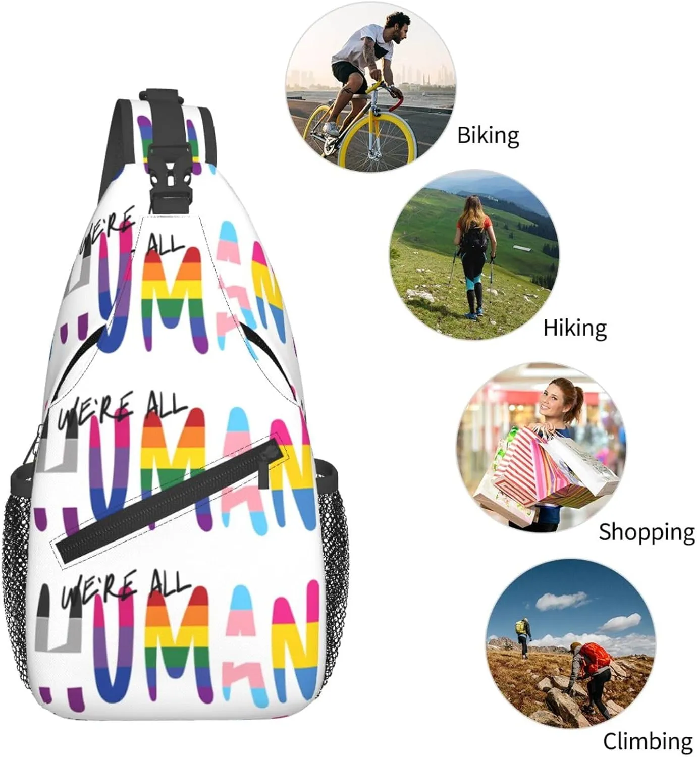 Lgbt Pride Rainbow Gay We Are All Human Chest Sling Bag Crossbody Shoulder Backpack Bag Gym Cycling Daypack Travel Hiking Cross Bag