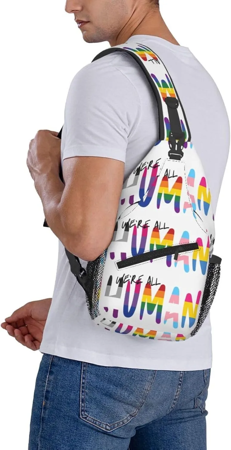 Lgbt Pride Rainbow Gay We Are All Human Chest Sling Bag Crossbody Shoulder Backpack Bag Gym Cycling Daypack Travel Hiking Cross Bag