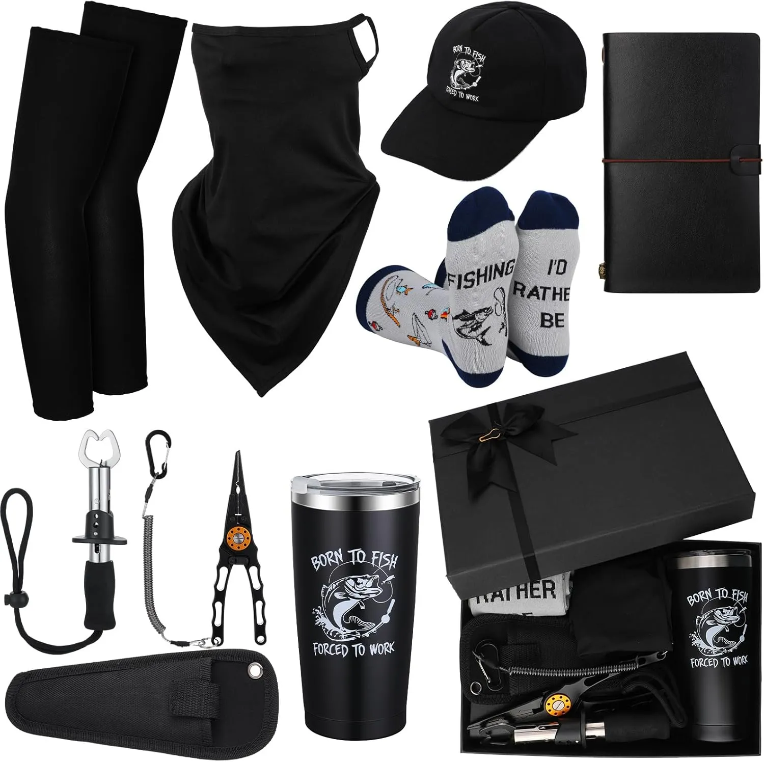Liceset 9 Pcs Fathers Day Fishing Gifts Sets Include Fishing Remover Tool Kit 20 oz Stainless Steel Tumbler Hat Face Mask Sun Protection Sleeves Socks Journal with Gift Box for Men