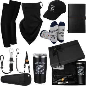 Liceset 9 Pcs Fathers Day Fishing Gifts Sets Include Fishing Remover Tool Kit 20 oz Stainless Steel Tumbler Hat Face Mask Sun Protection Sleeves Socks Journal with Gift Box for Men