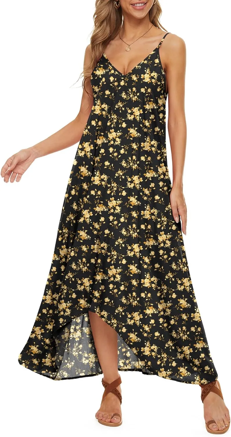LILBETTER Women V-Neck Polka Dot Print Spaghetti Strap Boho Long Maxi Dresses