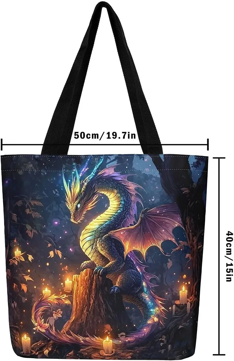 Little Dragon Canvas Tote Bag Cartoon Pterosaur The Tote Bag,Cute Jungle Animal Prehistoric Wild Animals