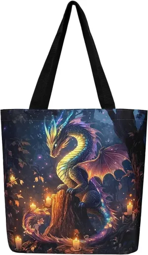 Little Dragon Canvas Tote Bag Cartoon Pterosaur The Tote Bag,Cute Jungle Animal Prehistoric Wild Animals