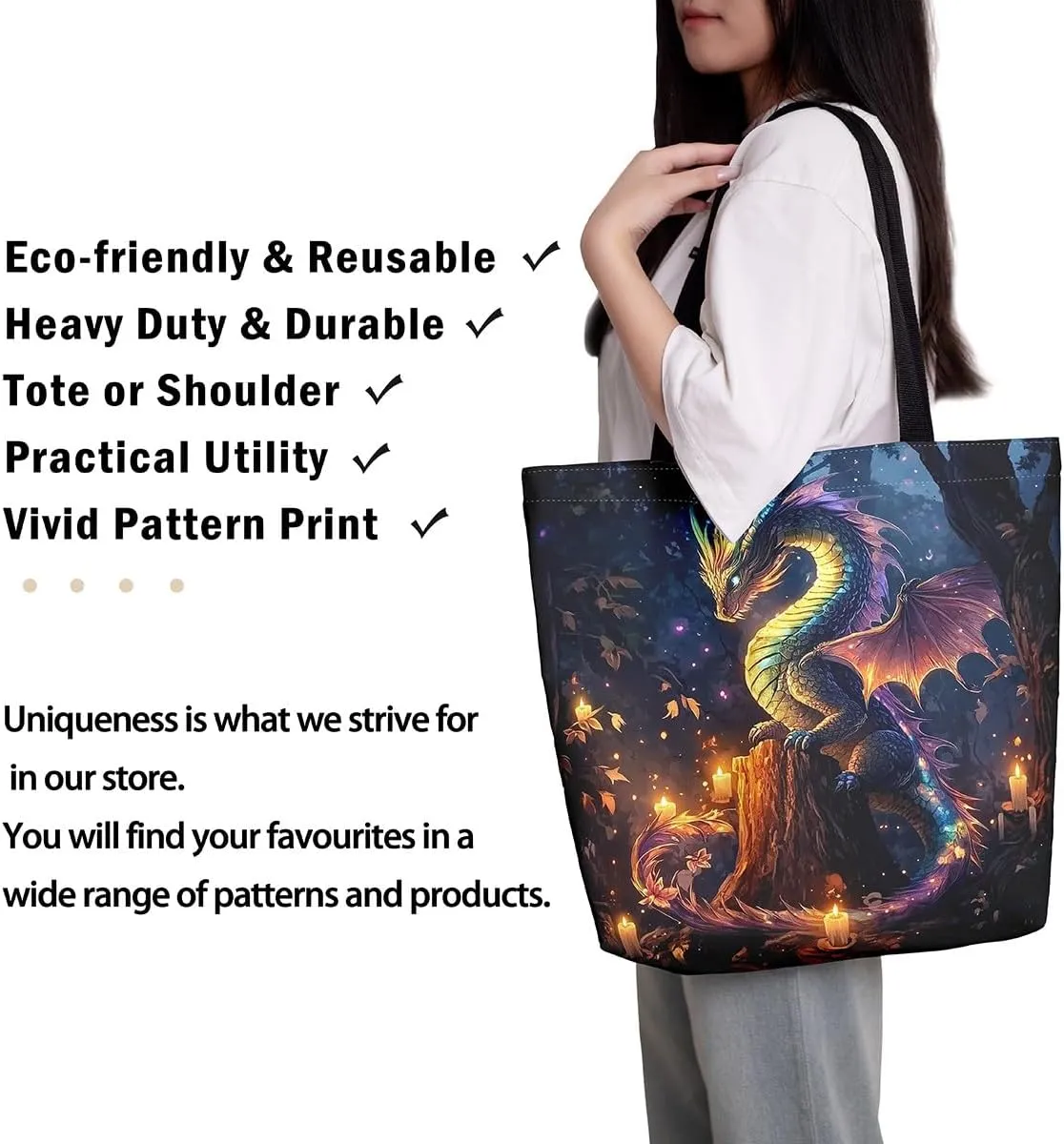 Little Dragon Canvas Tote Bag Cartoon Pterosaur The Tote Bag,Cute Jungle Animal Prehistoric Wild Animals