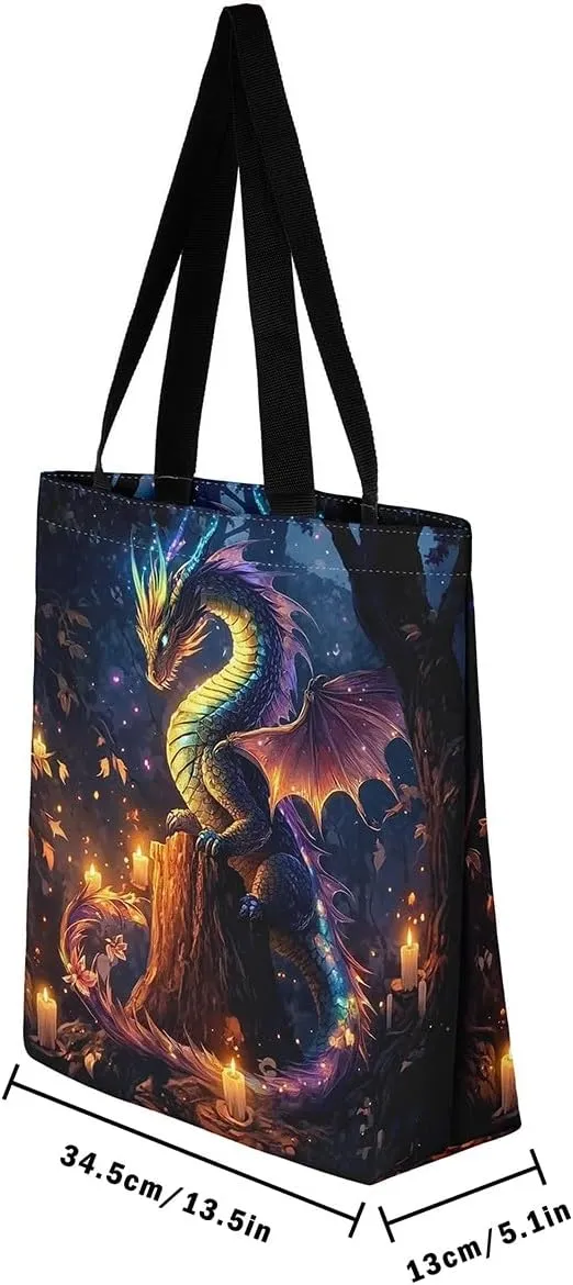 Little Dragon Canvas Tote Bag Cartoon Pterosaur The Tote Bag,Cute Jungle Animal Prehistoric Wild Animals