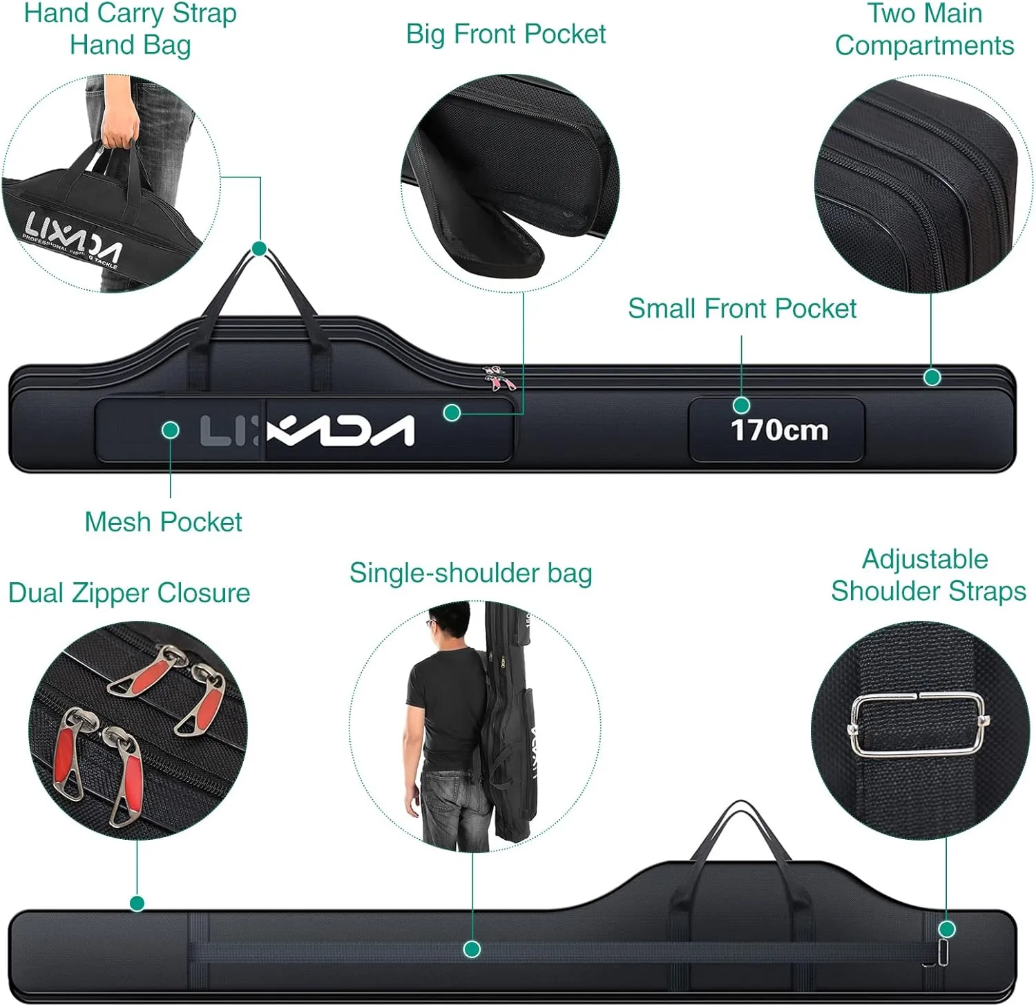 Lixada Portable Fishing Bag Folding Fishing Rod Reel Bag Outdoor Fishing Carrier Bag100cm/130cm/150cm (Black, 170cm), Black, 170cm, Modern