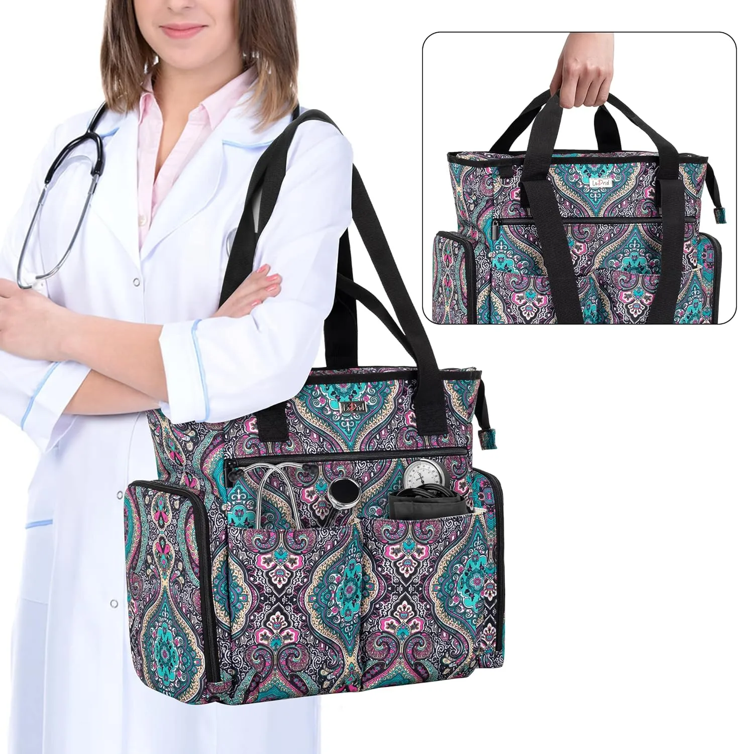 LoDrid Nurse Bag with Bottom Padded Pad, Medical Work Bag with 15.6' Laptop Storage Layer, Home Visiting Bag for RN, PA, LPN, EMT, CNA, Totem, Bag Only