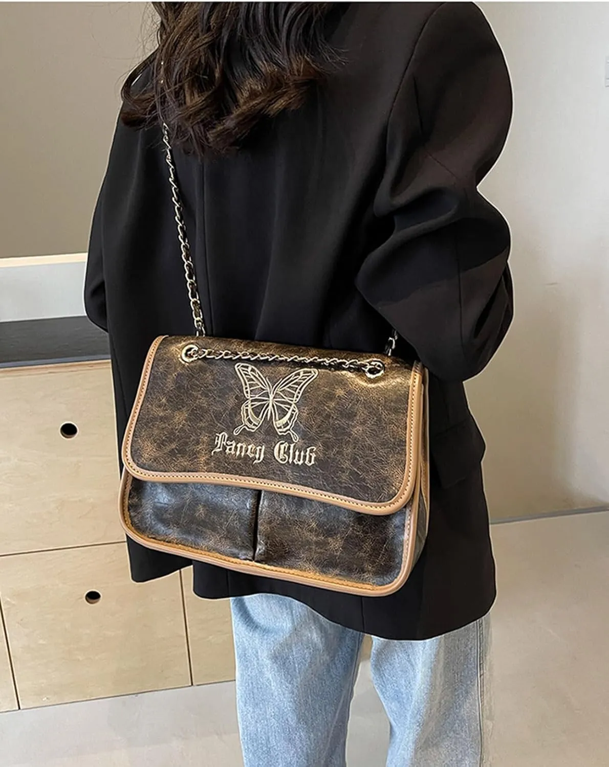 Lolita Crossbody Bags for Women Butterfly Embroidery Punk Gothic Messenger Bag Fashion Satchel Shoulder Bag
