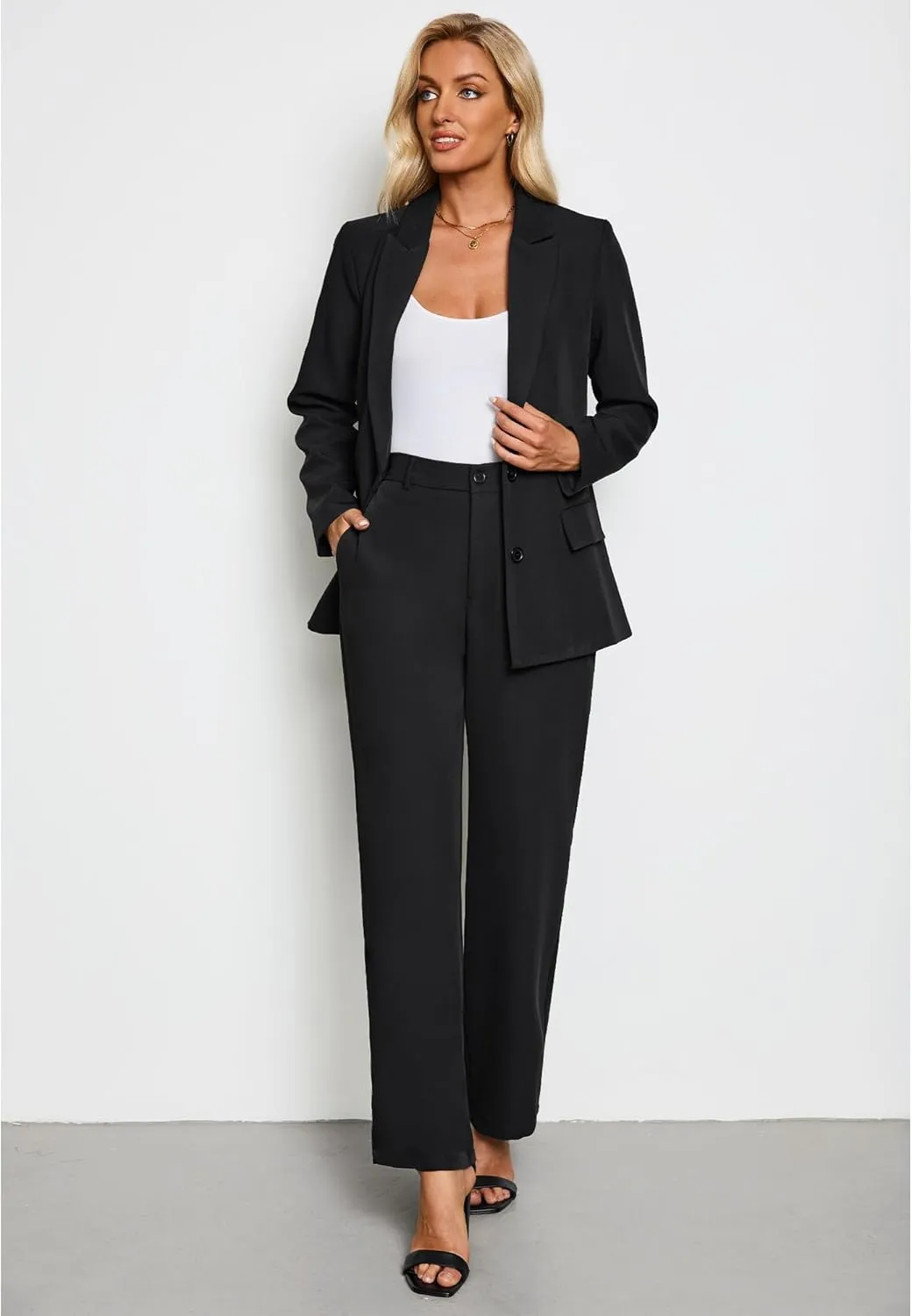LookbookStore 2 Piece Pant Suits for Women Dressy Blazer High Waisted Straight Leg Pants Sets Business Casual Outfits