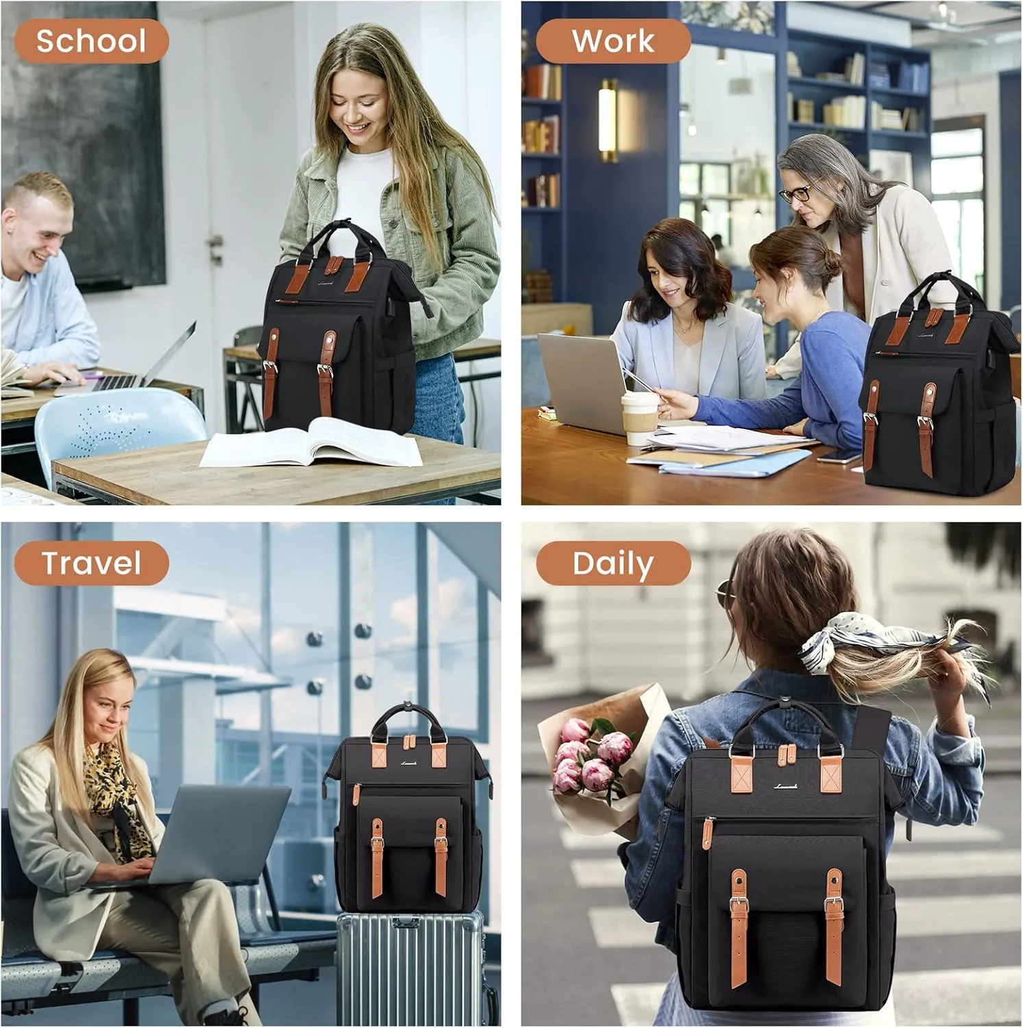 LOVEVOOK Laptop Backpack, Teacher Nurse Work Travel Backpacks Purse for Women, Computer Bag with USB Charging Port, 15.6 inch Black Brown
