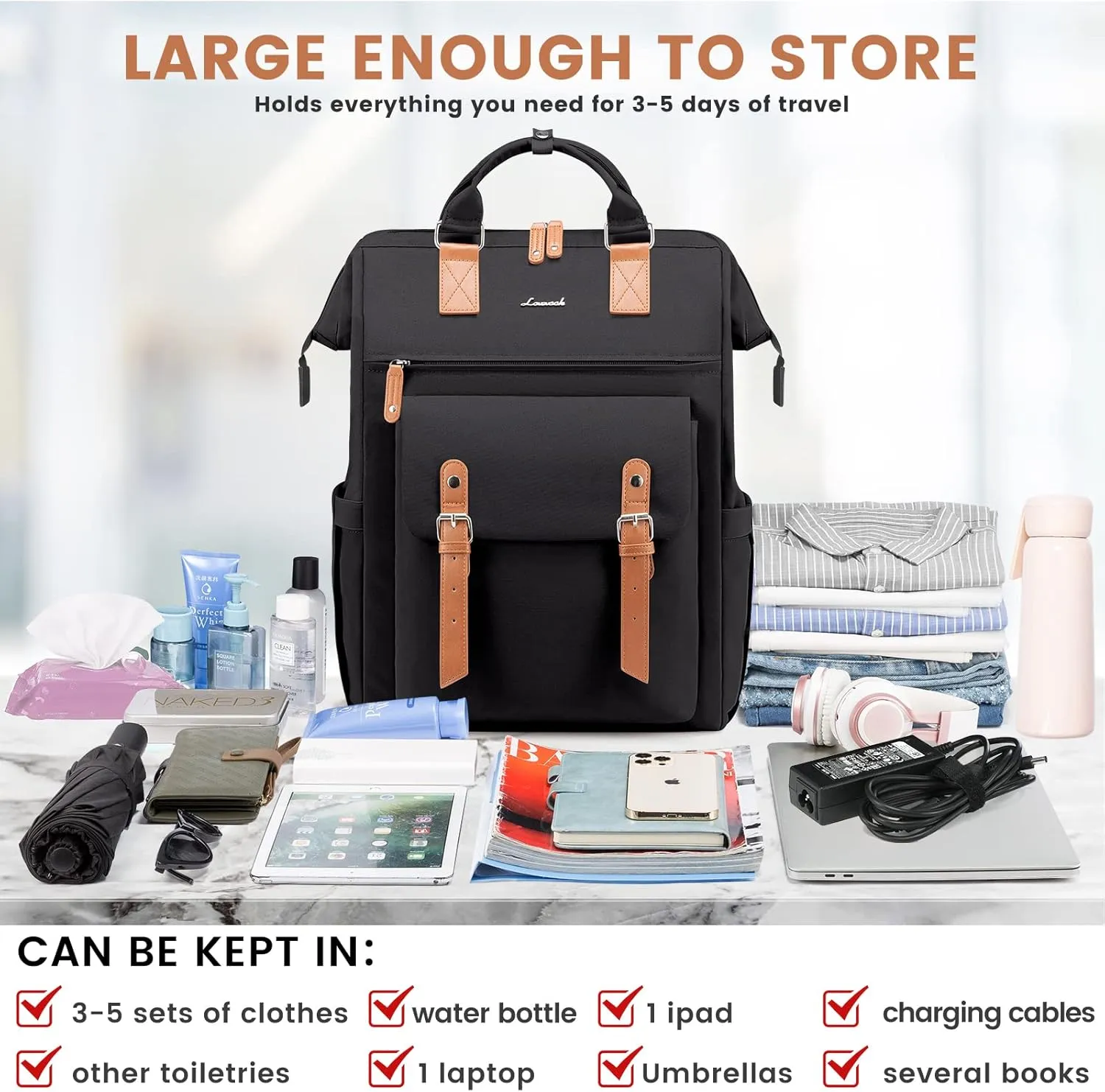 LOVEVOOK Laptop Backpack, Teacher Nurse Work Travel Backpacks Purse for Women, Computer Bag with USB Charging Port, 15.6 inch Black Brown