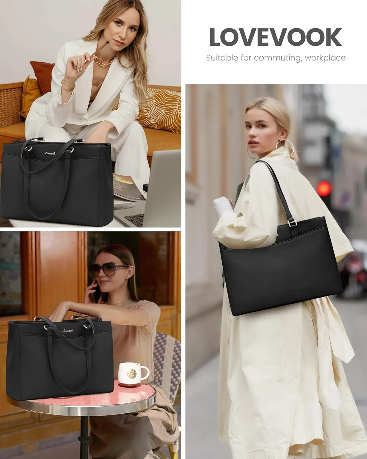 LOVEVOOK Laptop Bag Tote Bag for Women, Work Bags Teacher Tote Bag, Waterproof Leather Computer Bag, Business Laptop Purse Office Handbag Professional Briefcase, 17 Inch, Black