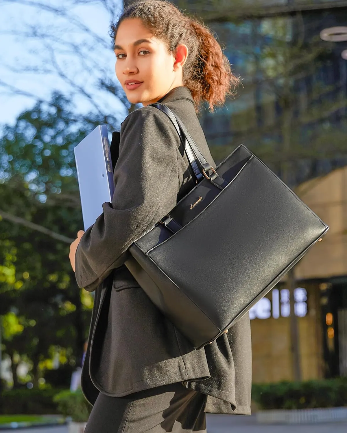 LOVEVOOK Laptop Bag Tote Bag for Women, Work Bags Teacher Tote Bag, Waterproof Leather Computer Bag, Business Laptop Purse Office Handbag Professional Briefcase, 17 Inch, Black