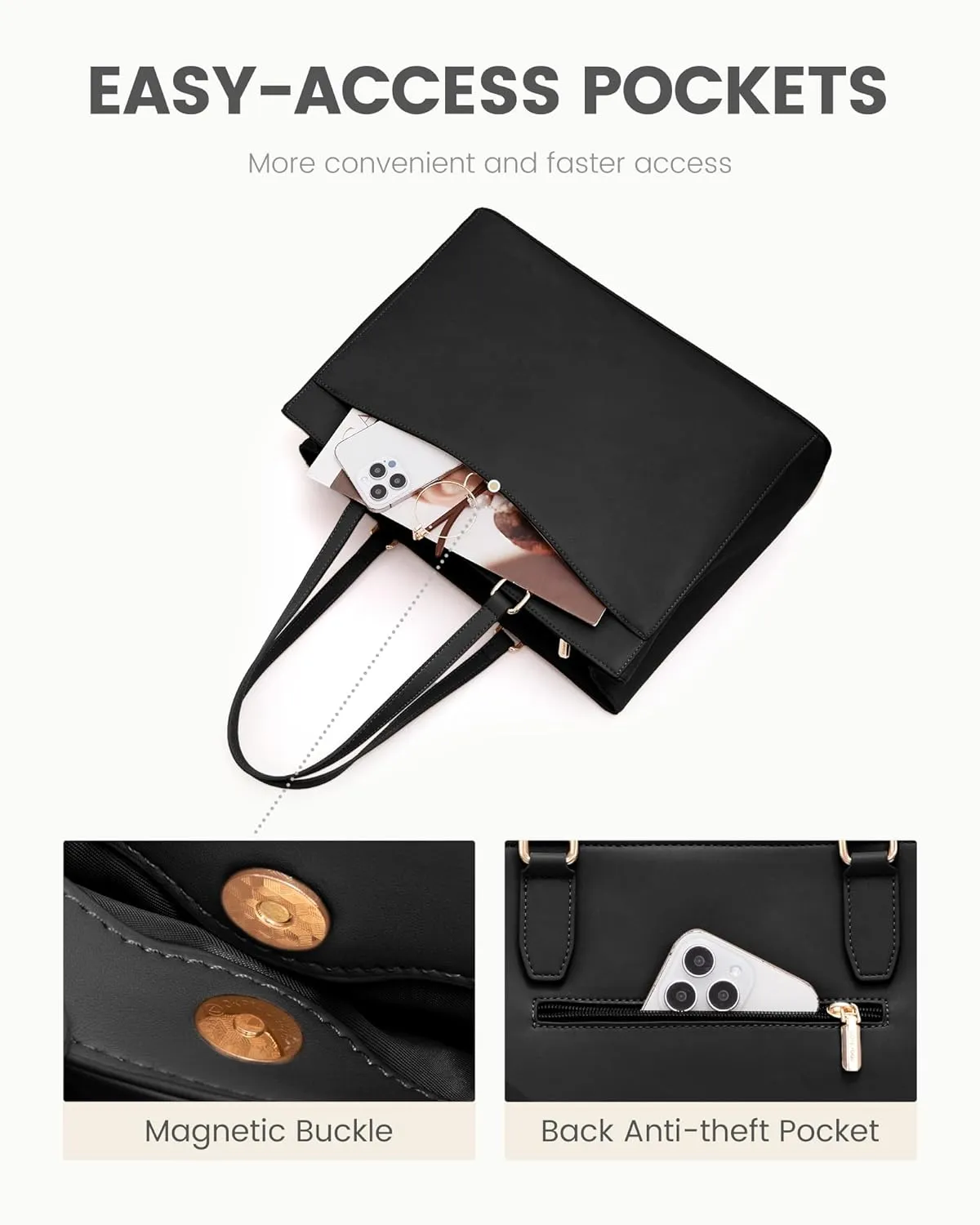 LOVEVOOK Laptop Bag Tote Bag for Women, Work Bags Teacher Tote Bag, Waterproof Leather Computer Bag, Business Laptop Purse Office Handbag Professional Briefcase, 17 Inch, Black