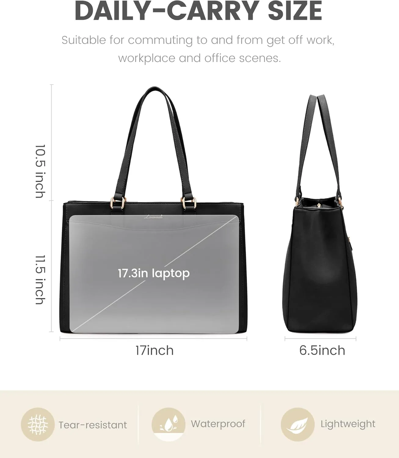 LOVEVOOK Laptop Bag Tote Bag for Women, Work Bags Teacher Tote Bag, Waterproof Leather Computer Bag, Business Laptop Purse Office Handbag Professional Briefcase, 17 Inch, Black