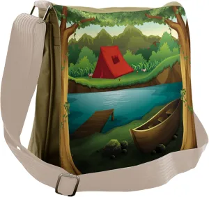 Lunarable Camping Messenger Bag, Lakeside Tent Idyllic Scene, Unisex Cross-body