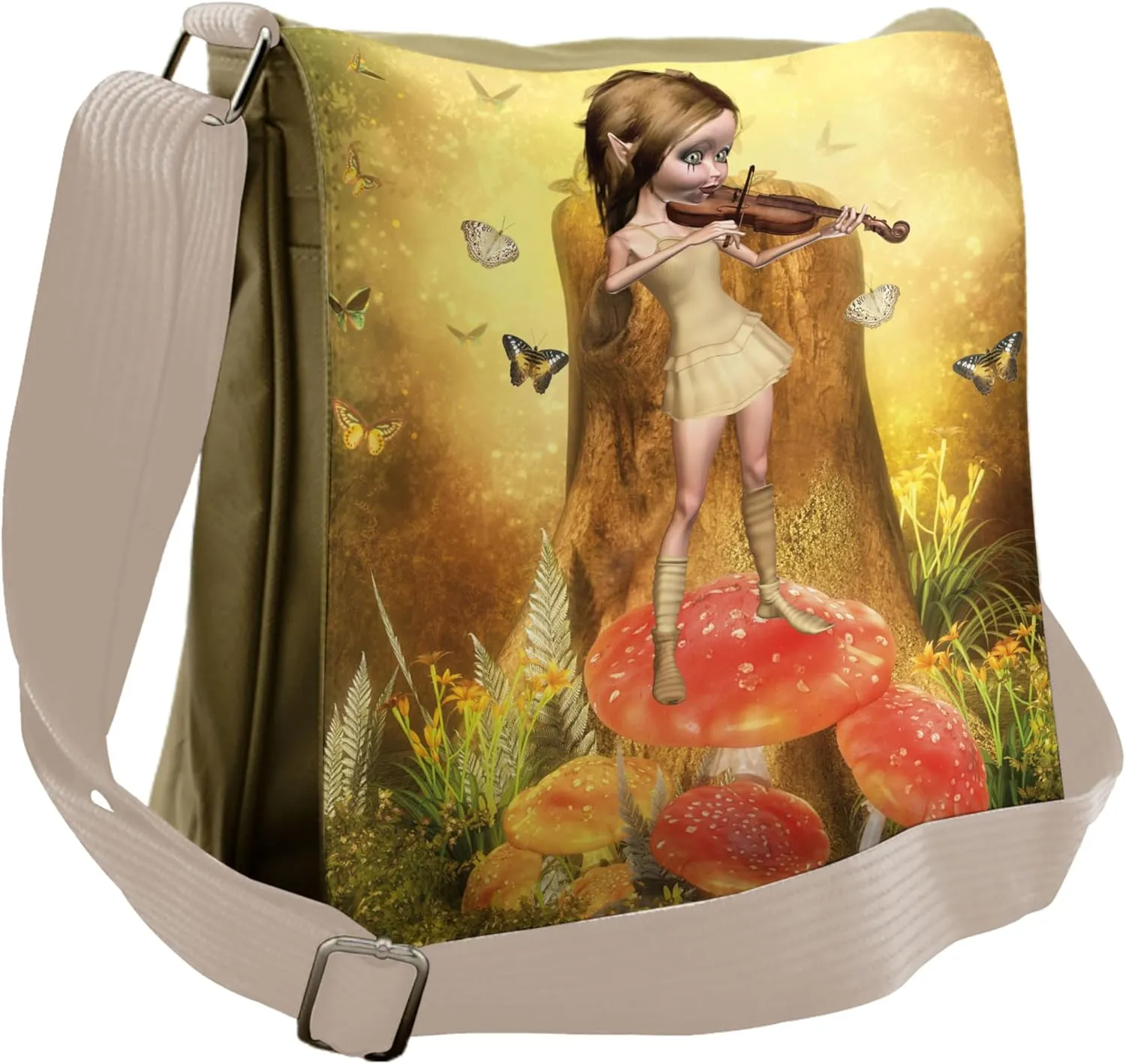 Lunarable Cartoon Messenger Bag, Elf Playing Violin Forest, Unisex Cross-body