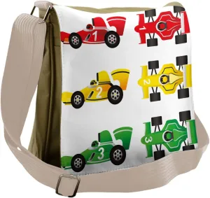 Lunarable Cartoon Messenger Bag, Race Drivers Competition, Unisex Cross-body