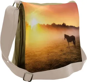Lunarable Horse Messenger Bag, Arabian Horses Grazing Sunset, Unisex Cross-body