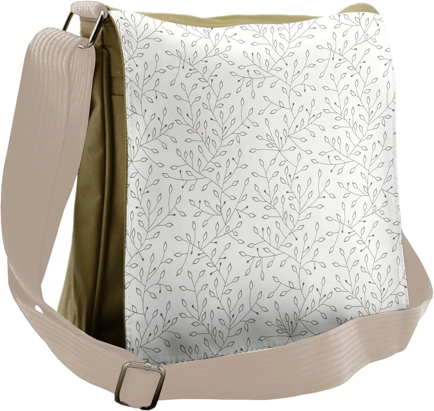 Lunarable Nature Messenger Bag, Grey Leafy Twigs on White, Unisex Cross-body