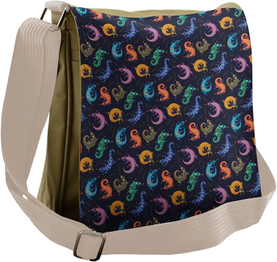 Lunarable Reptile Messenger Bag, Colorful Bohemian Gecko, Unisex Cross-body