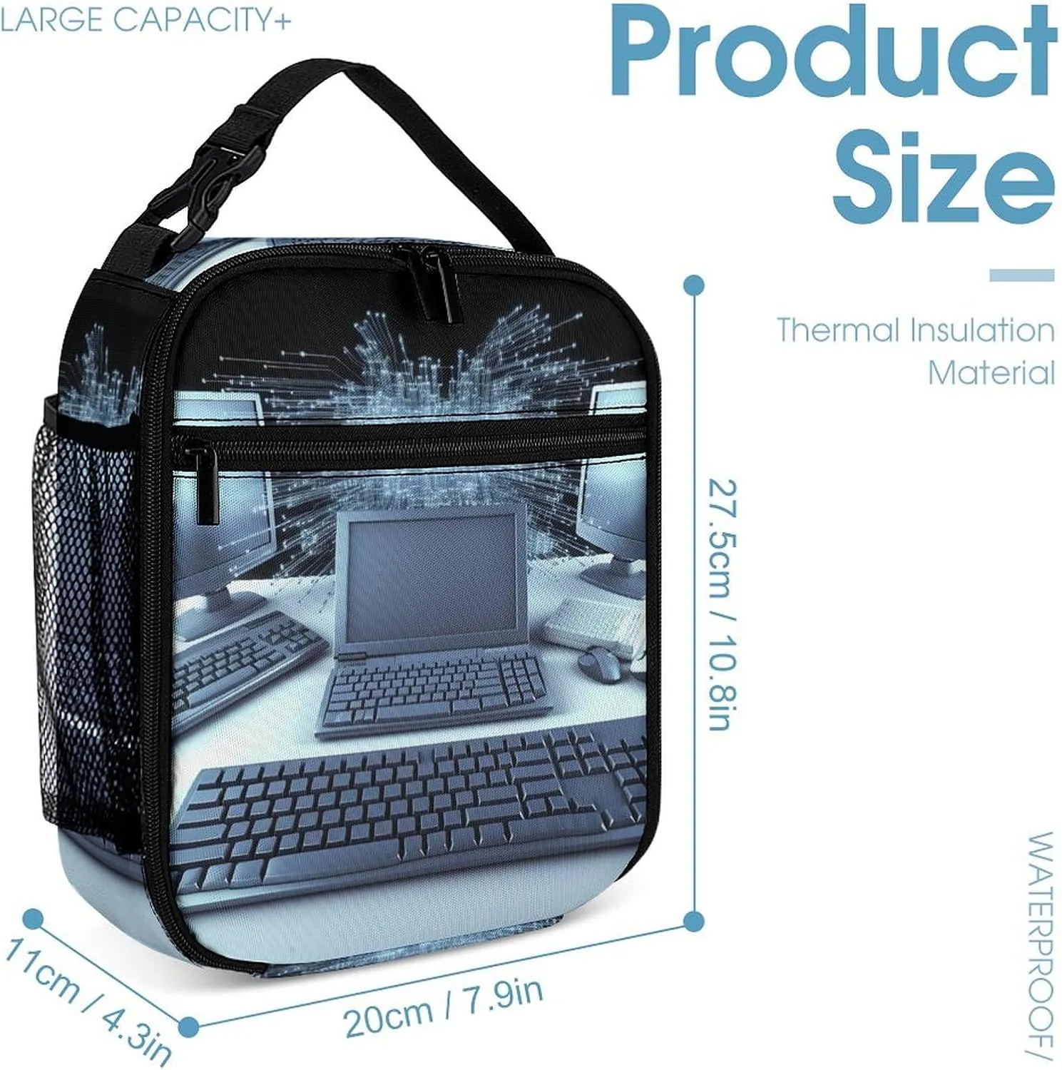 Lunch Bag Reusable Insulated Lunch Box for Women Men Leakproof Cooler Bag Computers And Internet Portable Lunchbox Adults Small Lunch Tote Bag for Office Work Picnic Travel, 27.5X20cm