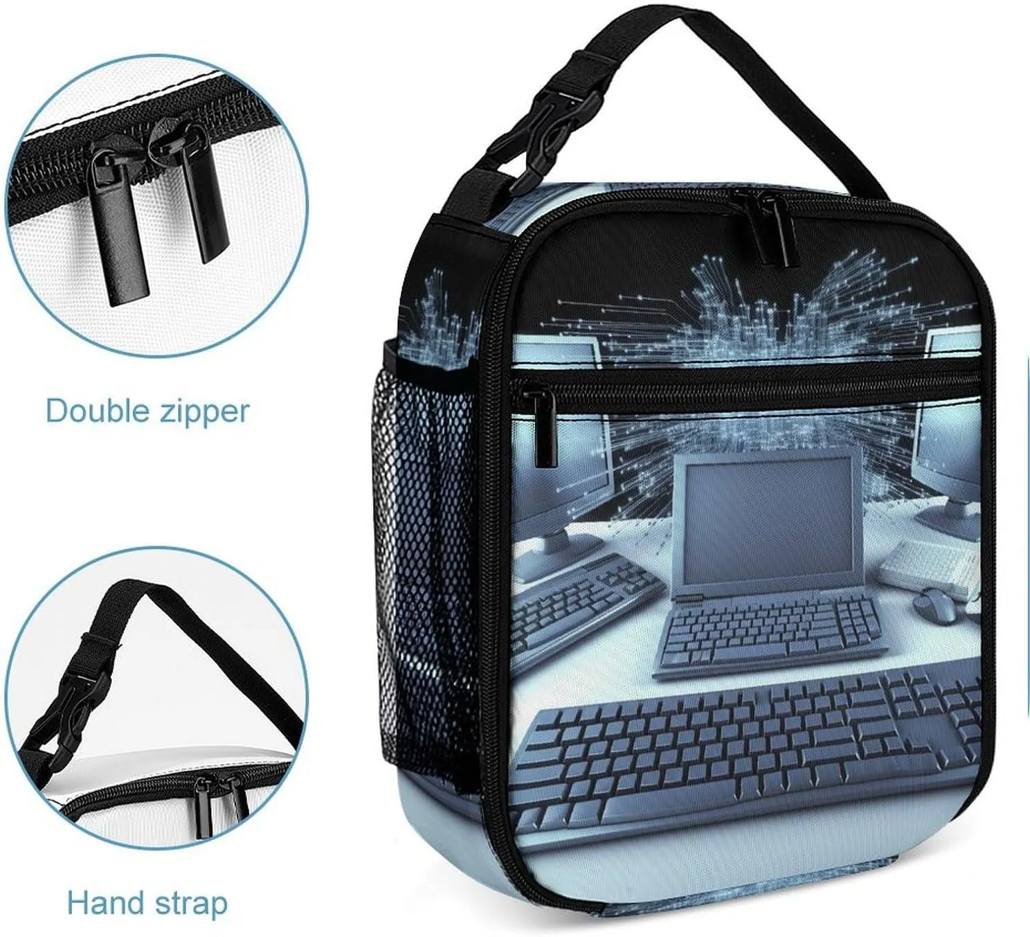 Lunch Bag Reusable Insulated Lunch Box for Women Men Leakproof Cooler Bag Computers And Internet Portable Lunchbox Adults Small Lunch Tote Bag for Office Work Picnic Travel, 27.5X20cm