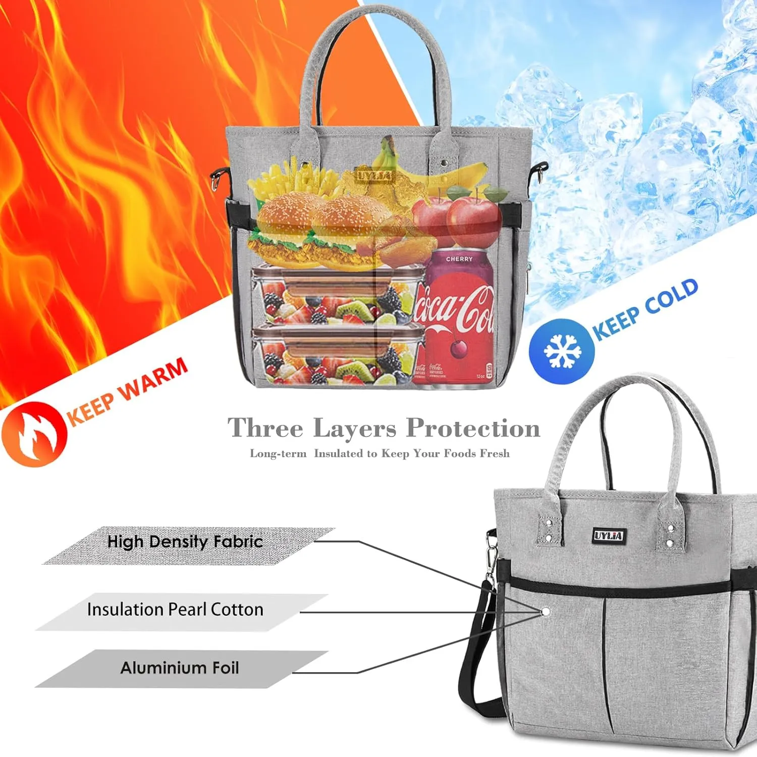 Lunch Bags for Women,Insulated Lunch Tote Bag with Adjustable Shoulder Strap, Lunch Box with Drinks Holder for Adults Men Work Picnic Beach Workout (Grey, Large)