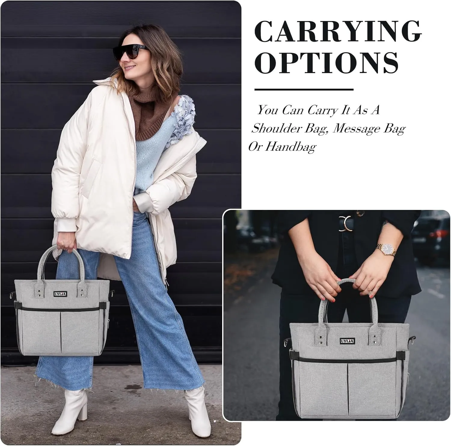 Lunch Bags for Women,Insulated Lunch Tote Bag with Adjustable Shoulder Strap, Lunch Box with Drinks Holder for Adults Men Work Picnic Beach Workout (Grey, Large)