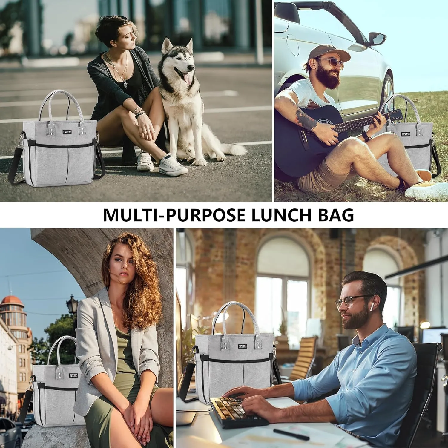 Lunch Bags for Women,Insulated Lunch Tote Bag with Adjustable Shoulder Strap, Lunch Box with Drinks Holder for Adults Men Work Picnic Beach Workout (Grey, Large)