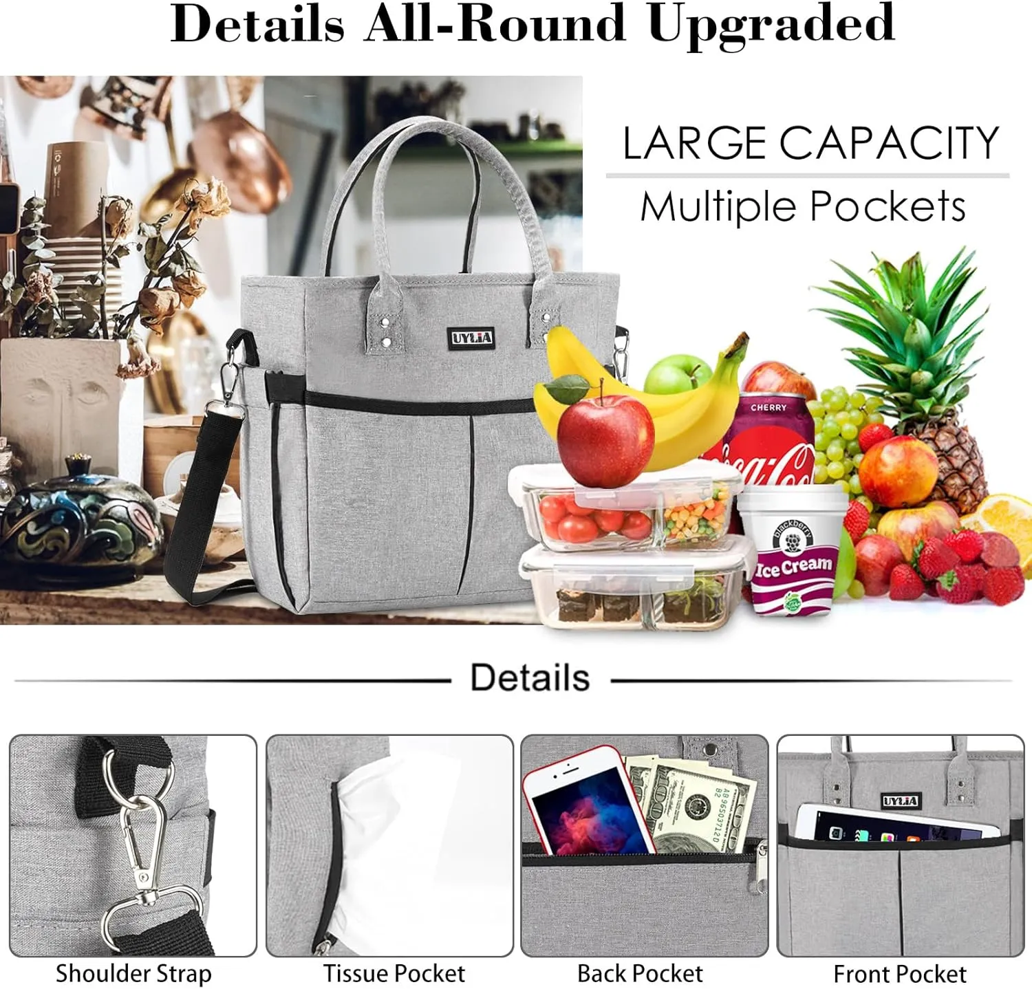 Lunch Bags for Women,Insulated Lunch Tote Bag with Adjustable Shoulder Strap, Lunch Box with Drinks Holder for Adults Men Work Picnic Beach Workout (Grey, Large)