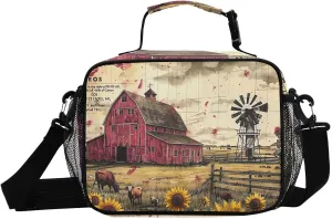 Lunch Boxes Barn Windmill Farm Retro for Women Men Insulated Lunch Bag for Work, Picnic, Funny Cute Anime Cooler Tote Bag with Adjustable Shoulder Strap