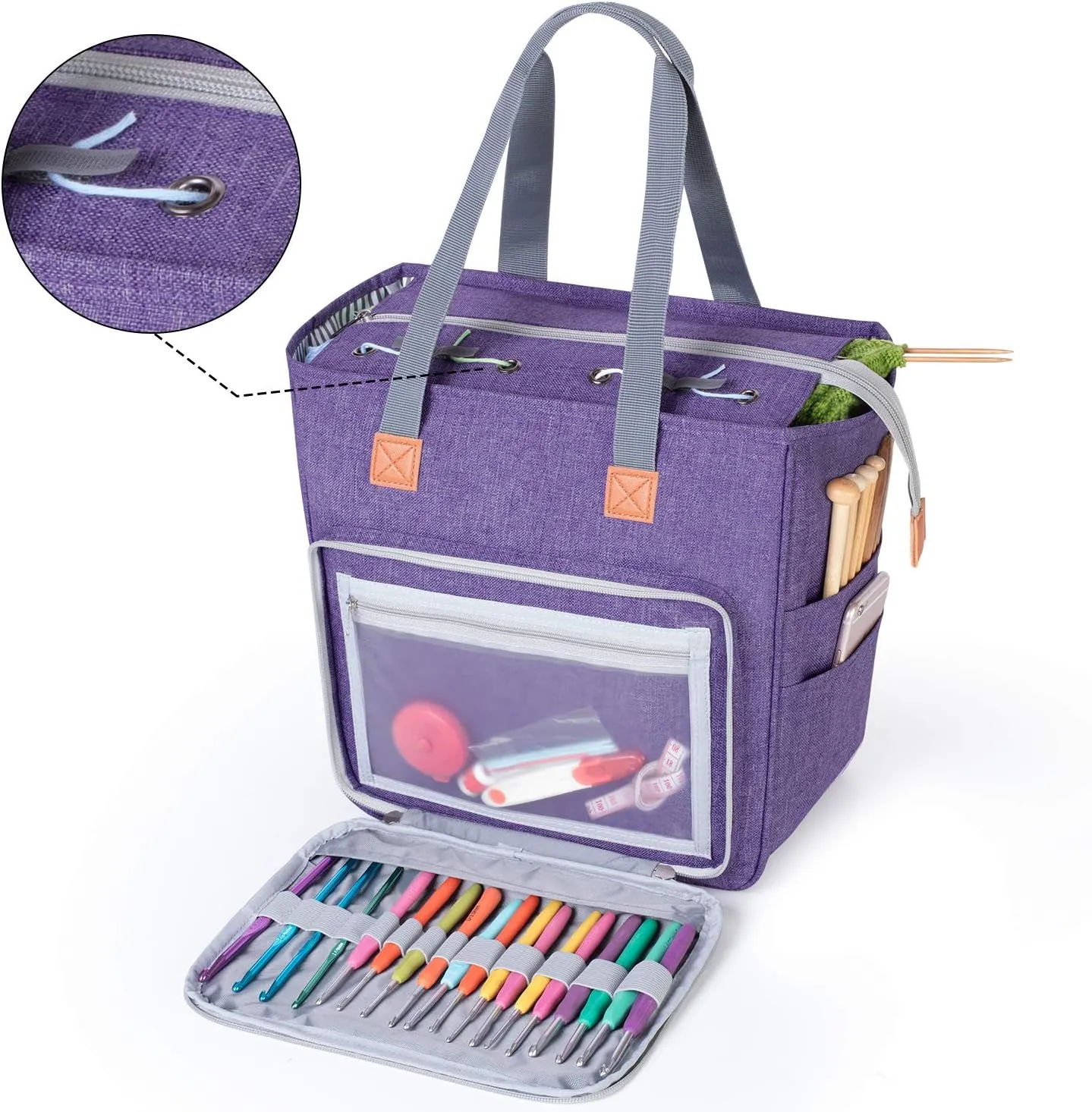 LUXJA Knitting Tote Bag, Yarn Storage Bag for Carrying Projects, Knitting Needles, Crochet Hooks and Other Accessories, Purple