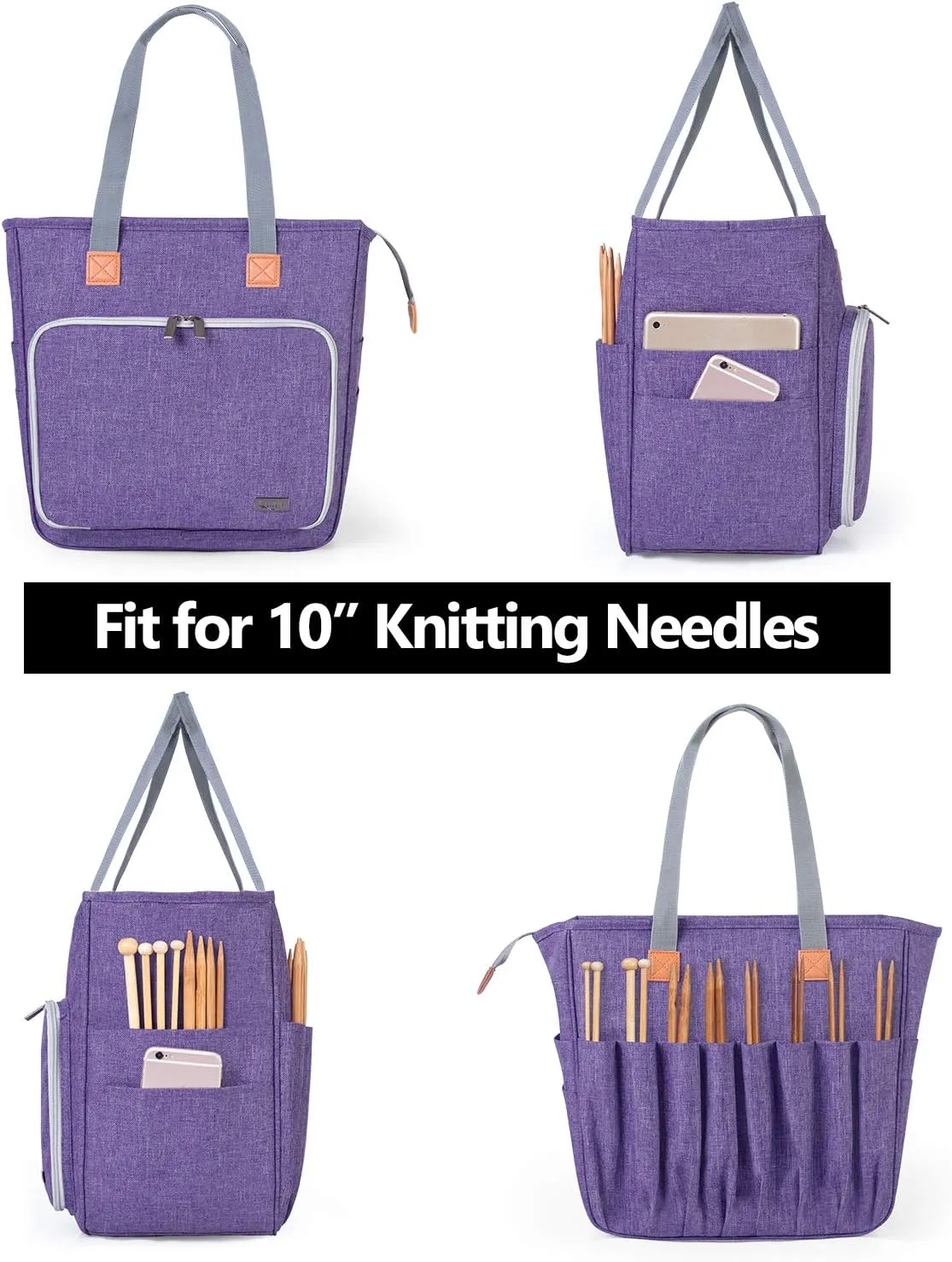 LUXJA Knitting Tote Bag, Yarn Storage Bag for Carrying Projects, Knitting Needles, Crochet Hooks and Other Accessories, Purple